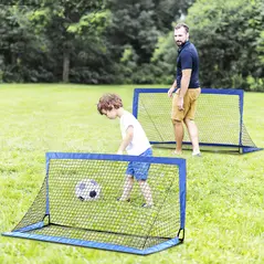 HOMCOM Set of 2 Football Goal Net 6 x 3 ft Foldable Outdoor Sport Training Teens Adults Football with Carrying Bag Blue - 2