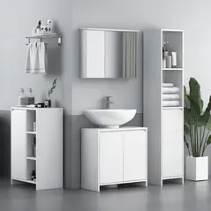HOMCOM Under Sink Bathroom Cabinet, Freestanding Under Sink Cabinet with 2 Doors and Shelf for Basin without or with Pedestal, White - 2