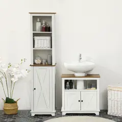 kleankin 2 Piece Bathroom Furniture Set, Tall Bathroom Cabinet with Adjustable Shelves, Under Sink Cabinet with Cupboard and Open Shelf, Ash Wood Effect - 2