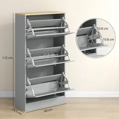 HOMCOM Modern Compact Three-Drawer Shoe Storage Cabinet - Grey - 3