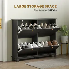 HOMCOM Narrow Shoe Storage Cabinet, Slim Shoe Cabinet with 4 Flip Drawers, Adjustable Shelves for 16 Pairs of Shoes, Black - 4