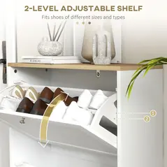 HOMCOM Two Flip Drawer Shoe Cabinet - White - 5