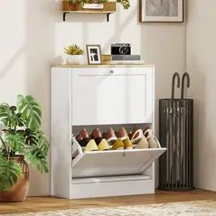 HOMCOM Two Flip Drawer Shoe Cabinet - White - 2
