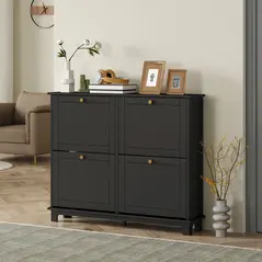HOMCOM Narrow Shoe Storage Cabinet, Slim Shoe Cabinet with 4 Flip Drawers, Adjustable Shelves for 16 Pairs of Shoes, Black - 2