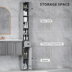 kleankin 180cm Slim Bathroom Cabinet, with Drawer, Shelves and Cupboards - Grey - 4