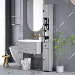 kleankin 180cm Slim Bathroom Cabinet, with Drawer, Shelves and Cupboards - Grey - 2