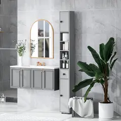 kleankin 180cm Slim Bathroom Cabinet, with Drawer, Shelves and Cupboards - Grey - 7