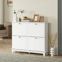 HOMCOM Narrow Shoe Storage Cabinet, Slim Shoe Cabinet with 4 Flip Drawers, Adjustable Shelves for 16 Pairs of Shoes, White - 2