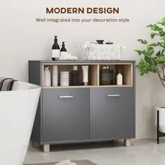 HOMCOM Freestanding Bathroom Cabinet, Bathroom Storage Unit, Bathroom Storage Cabinet with Open Compartments and Double Doors - 5