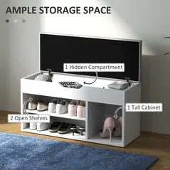 HOMCOM Shoes Cabinet Bench Hidden Storage Padded Seat Organiser Footwear Rack Hallway Cream White - 5
