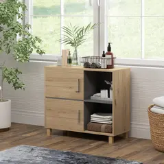 HOMCOM Bathroom Cabinet, Freestanding Bathroom Cabinet with Open Compartments and Double Doors - 2