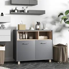 HOMCOM Freestanding Bathroom Cabinet, Bathroom Storage Unit, Bathroom Storage Cabinet with Open Compartments and Double Doors - 2