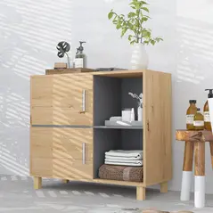 HOMCOM Bathroom Cabinet, Freestanding Bathroom Cabinet with Open Compartments and Double Doors - 7