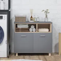HOMCOM Freestanding Bathroom Cabinet, Bathroom Storage Unit, Bathroom Storage Cabinet with Open Compartments and Double Doors - 7