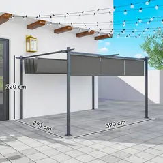 Outsunny 3 x 4m Metal Pergola with Retractable Roof and Roller Shade, Free Standing Garden Gazebo Canopy Pergola Kit, UPF30+ Outdoor Sun Shade Shelter, Grey - 3