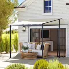 Outsunny 2.4 x 2.4 m Wall Mounted Pergola Gazebo with PA Coating Fabric and Metal Frame, UPF30+, Lean to Garden Gazebo, Wind Resistant Outdoor Sun Shade Shelter for Garden, Deck, Cream White - 2