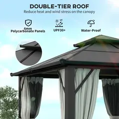 Outsunny 3 x 3(m) Hardtop Gazebo Canopy with UPF30+ Double Polycarbonate Roof, Aluminium Frame Garden Gazebo Permanent Pavilion with Mosquito Netting and Curtains for Patio, Deck, Grey - 4