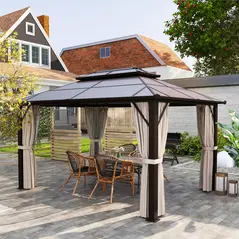 Outsunny 3 x 4m Hardtop Gazebo Canopy with UPF30+ Double Polycarbonate Roof, Aluminium Frame Garden Gazebo Permanent Pavilion with Mosquito Netting and Curtains for Patio, Deck, Beige - 2