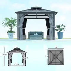 Outsunny 3 x 3(m) Hardtop Gazebo Canopy with 7mm Double Polycarbonate Roof, Garden Gazebo Permanent Pavilion with Mosquito Netting and Curtains for Patio, Deck, Dark Grey - 3