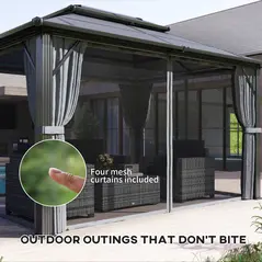 Outsunny 3 x 4m Hardtop Gazebo Canopy with UPF30+ Double Polycarbonate Roof, Aluminium Frame Garden Gazebo Permanent Pavilion with Mosquito Netting and Curtains for Patio, Deck, Grey - 7