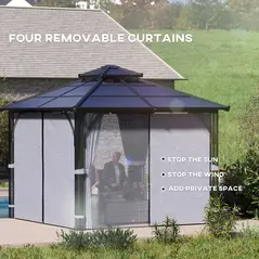 Outsunny 3 x 3(m) Hardtop Gazebo Canopy with 7mm Double Polycarbonate Roof, Garden Gazebo Permanent Pavilion with Mosquito Netting and Curtains for Patio, Deck, Dark Grey - 8