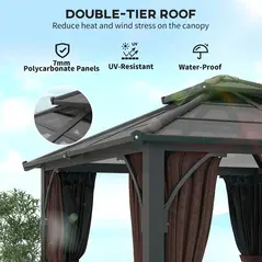 Outsunny 3 x 3(m) Hardtop Gazebo Canopy with 7mm Double Polycarbonate Roof, Garden Gazebo Permanent Pavilion with Mosquito Netting and Curtains for Patio, Deck, Brown - 4