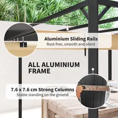 Outsunny 3 x 3m Aluminium Pergola, with Retractable Roof and Wall - Khaki - 6