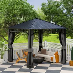 Outsunny 3 x 3(m) Hardtop Gazebo with Galvanised Steel Roof, Waterproof Permanent Pavilion Garden Gazebo with Netting and Curtains for Patio, Deck - 9