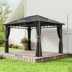 Outsunny 3 x 4m Hardtop Gazebo with Galvanised Steel Roof and Water Gutter, Waterproof Permanent Pavilion Garden Gazebo with Netting and Curtains for Patio, Deck - 3