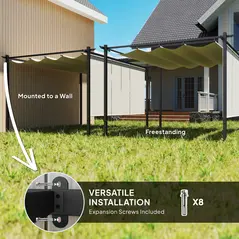 Outsunny 3 x 4m Metal Pergola with Retractable Roof and Roller Shade, Free Standing Gazebo Canopy Pergola Kit, UPF30+ Outdoor Sun Shelter, Beige - 6