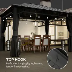 Outsunny 3 x 4m Hardtop Gazebo with Galvanised Steel Roof and Water Gutter, Waterproof Permanent Pavilion Garden Gazebo with Netting and Curtains for Patio, Deck - 8