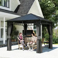 Outsunny 3 x 3(m) Hardtop Gazebo with Galvanised Steel Roof, Waterproof Permanent Pavilion Garden Gazebo with Netting and Curtains for Patio, Deck - 8