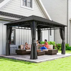 Outsunny 3 x 4m Hardtop Gazebo with Galvanised Steel Roof and Water Gutter, Waterproof Permanent Pavilion Garden Gazebo with Netting and Curtains for Patio, Deck - 2