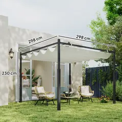 Outsunny 3 x 3(m) Metal Pergola with Retractable Roof and Magnetic Fixture, Outdoor Gazebo Garden Pergola Kit Sun Shade Canopy, UPF30+, 80mm Metal Column, Cream White - 3