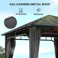 Outsunny 3 x 3(m) Hardtop Gazebo with Galvanised Steel Roof, Waterproof Permanent Pavilion Garden Gazebo with Netting and Curtains for Patio, Deck - 4