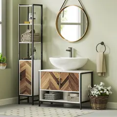HOMCOM Under Sink Bathroom Cabinet, Rustic Under Sink Cabinet with Herringbone Doors and Open Compartment for Basin with or without Pedestal, 80 x 40 x 60cm, Cream White - 2