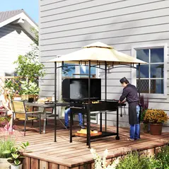 Outsunny 8' x 5' Grill Gazebo, Double Tiered BBQ Gazebo Shelter Canopy with LED Lights, 2 Side Shelves, Hooks, Beige - 9