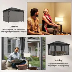 Outsunny 3 x 4m Hardtop Gazebo with Galvanised Steel Roof and Water Gutter, Waterproof Permanent Pavilion Garden Gazebo with Netting and Curtains for Patio, Deck - 7