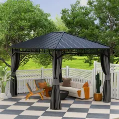 Outsunny 3 x 4m Hardtop Gazebo with Galvanised Steel Roof and Water Gutter, Waterproof Permanent Pavilion Garden Gazebo with Netting and Curtains for Patio, Deck - 9