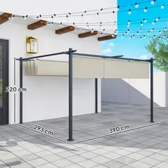 Outsunny 3 x 4m Metal Pergola with Retractable Roof and Roller Shade, Free Standing Gazebo Canopy Pergola Kit, UPF30+ Outdoor Sun Shelter, Beige - 3