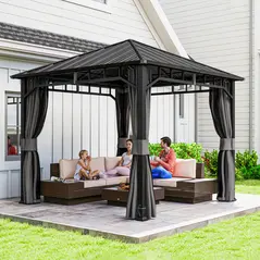 Outsunny 3 x 3(m) Hardtop Gazebo with Galvanised Steel Roof, Waterproof Permanent Pavilion Garden Gazebo with Netting and Curtains for Patio, Deck - 2