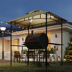 Outsunny 8' x 5' Grill Gazebo, Double Tiered BBQ Gazebo Shelter Canopy with LED Lights, 2 Side Shelves, Hooks, Beige - 8