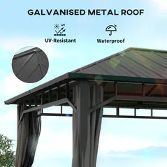 Outsunny 3 x 4m Hardtop Gazebo with Galvanised Steel Roof and Water Gutter, Waterproof Permanent Pavilion Garden Gazebo with Netting and Curtains for Patio, Deck - 4