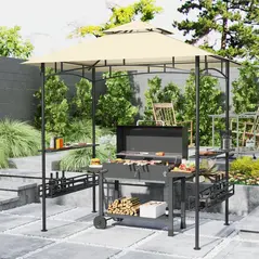 Outsunny 8' x 5' Grill Gazebo Canopy, Double Tiered Outdoor BBQ Gazebo Shelter with 2 Side Shelves, Storage Baskets, Hook for Garden, Patio, Barbecue, Picnic, Beige - 2