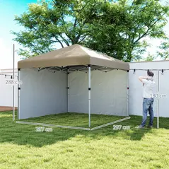 Outsunny 3 x 3 (M) Pop Up Gazebo, UPF 30+ with 2 Sidewalls, Leg Weight Bags and Wheeled Bag, Height Adjustable Party Tent Event Shelter for Garden, Patio, Khaki - 3