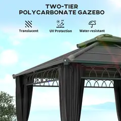 Outsunny 3 x 3 (m) Outdoor Polycarbonate Gazebo, Double Roof Hard Top Gazebo with Galvanised Steel Frame, Nettings & Curtains for Garden, Lawn, Patio and Deck, Dark Grey - 4