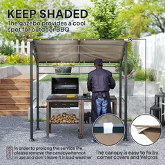 Outsunny 2.2 x 1.5 m BBQ Grill Gazebo Tent, Garden Grill with Metal Frame, Curved Canopy and 10 Hooks, Outdoor Sun Shade, Khaki - 4