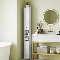 HOMCOM Tall Bathroom Cabinet, Farmhouse Slim Bathroom Storage Cabinet with Barn Doors, Toilet Paper Roll Holder, Drawer and Adjustable Shelves, Narrow Bathroom Storage Unit, 20 x 20 x 185cm, White - 2