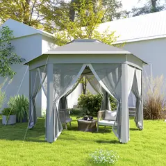 Outsunny 3 x 4m Garden Gazebo Hexagon Pop Up Gazebo Party Tent Canopy Double Roof Instant Shelter with Netting and Carry Bag for Outdoor Patio, Dark Grey - 7