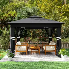Outsunny 3.36 x 3.36m Pop Up Gazebo Party Tent with Solar-Powered LED Lights, Adjustable Event Shelter with Netting, Black - 9